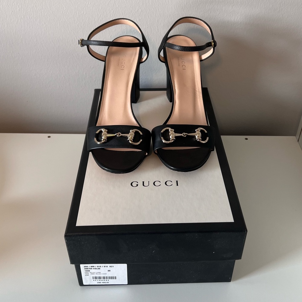 Gucci Miro Black Leather Horsebit Strap Block Heel Sandals - Picture 12 of 13